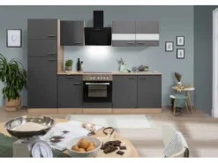 Sale Respekta Küchenzeile KB270ESGCGKE 270 cm -Eiche Sägerau Nachbildung Glänzend Grau