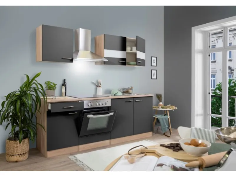 Best Respekta Küchenzeile KB210ESGC 210 cm -Eiche Sägerau Nachbildung Grau