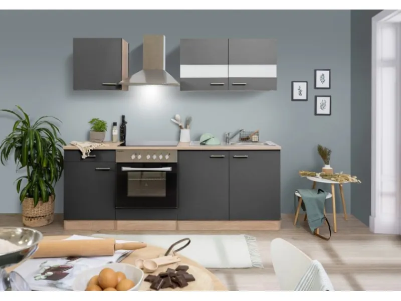 Best Respekta Küchenzeile KB210ESGC 210 cm -Eiche Sägerau Nachbildung Grau