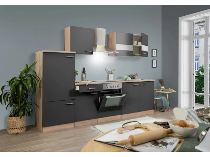 Respekta Kühlschränke|Einbauküchen<Küchenzeile KB270ESGC 270 cm -Eiche Sägerau Nachbildung Glänzend