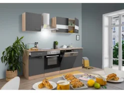 Sale Respekta Küchenzeile KB220ESGC 220 cm -Eiche Sägerau Nachbildung Glänzend Grau