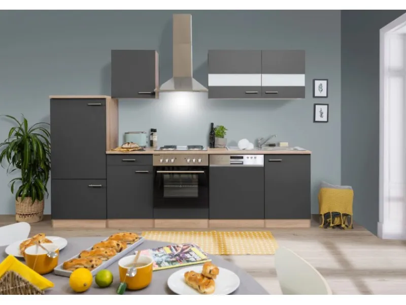 Respekta Küchenzeile KB280ESG 280 cm -Eiche Sägerau Nachbildung Grau