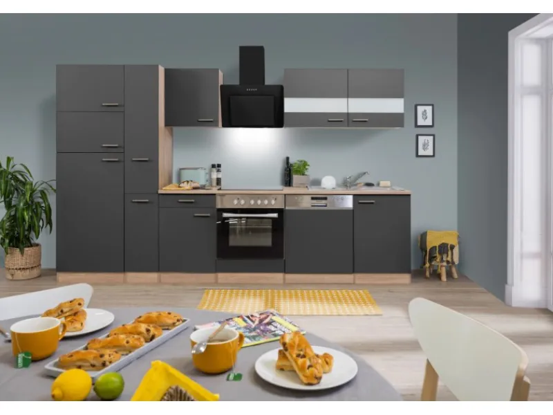 Discount Respekta Küchenzeile KB310ESGCGKE 310 cm -Eiche Sägerau Nachbildung Grau