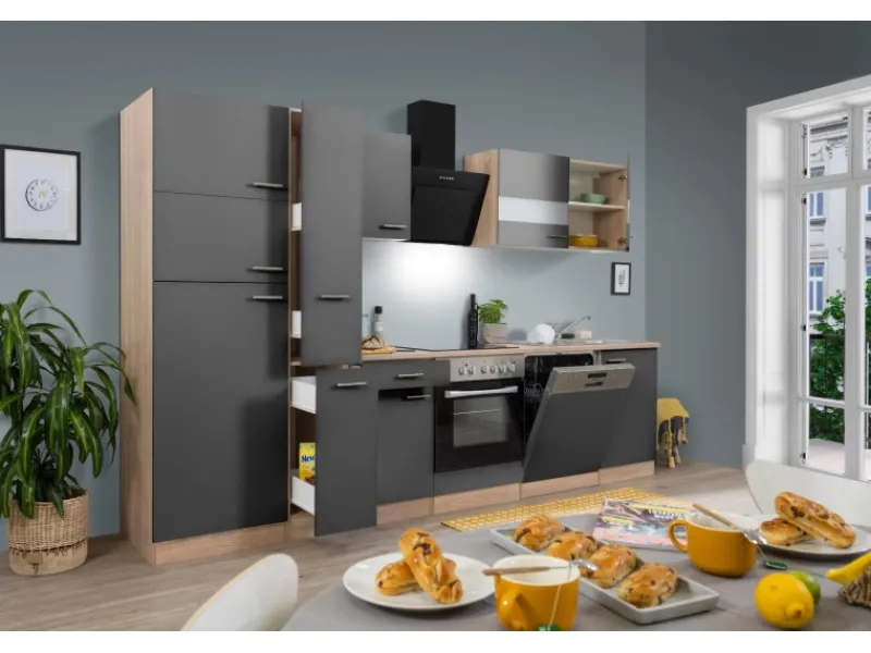 Discount Respekta Küchenzeile KB310ESGCGKE 310 cm -Eiche Sägerau Nachbildung Grau