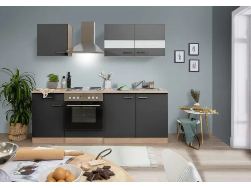 Respekta Küchenzeile KB210ESG 210 cm -Eiche Sägerau Nachbildung Grau
