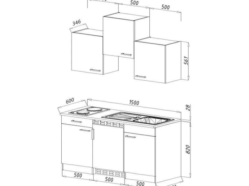 Respekta Single-Küchen|Miniküchen<Küchenzeile KB150ESRMIC 150 cm -Eiche Sägeräu Nachbildung