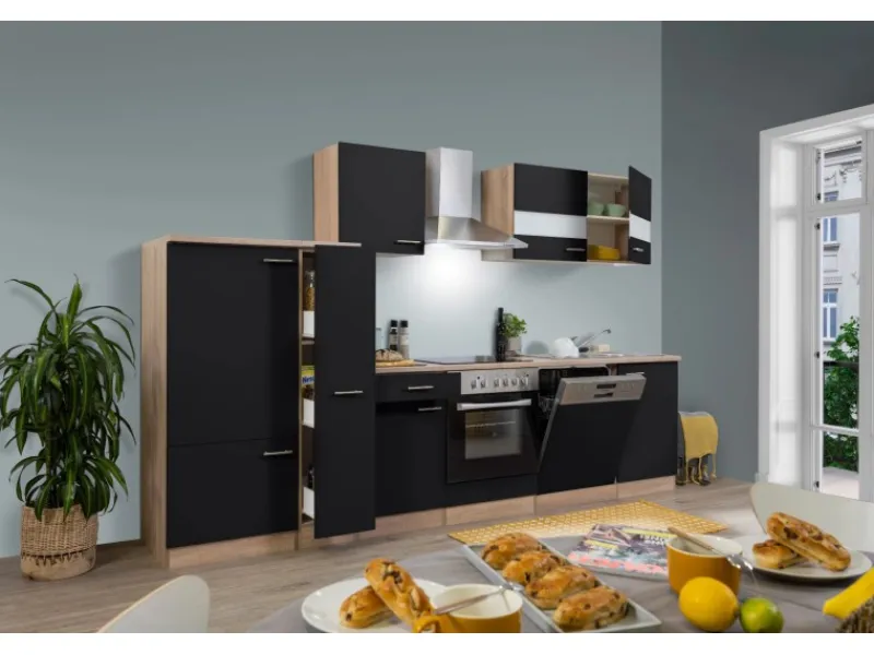 Online Respekta Küchenzeile KB310ESSC 310 cm -Eiche Sägerau Nachbildung Schwarz