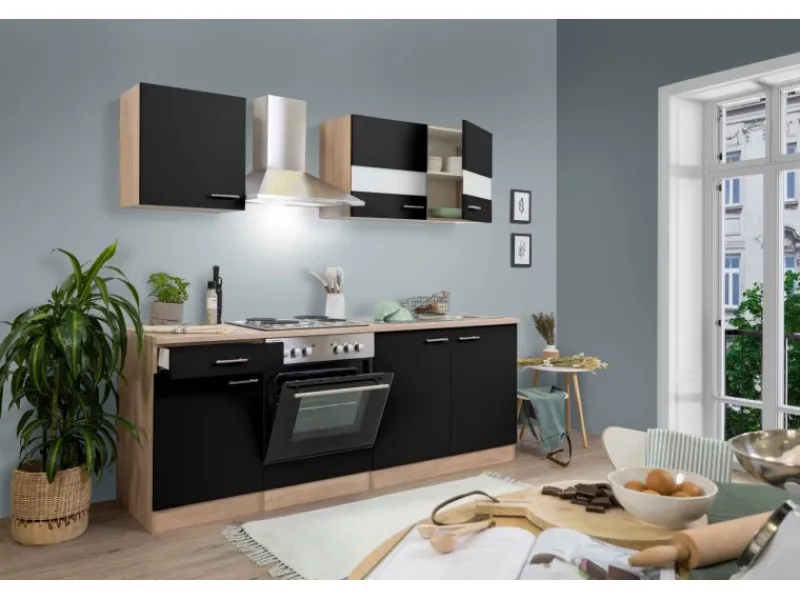Hot Respekta Küchenzeile KB210ESS 210 cm -Eiche Sägerau Nachbildung Schwarz