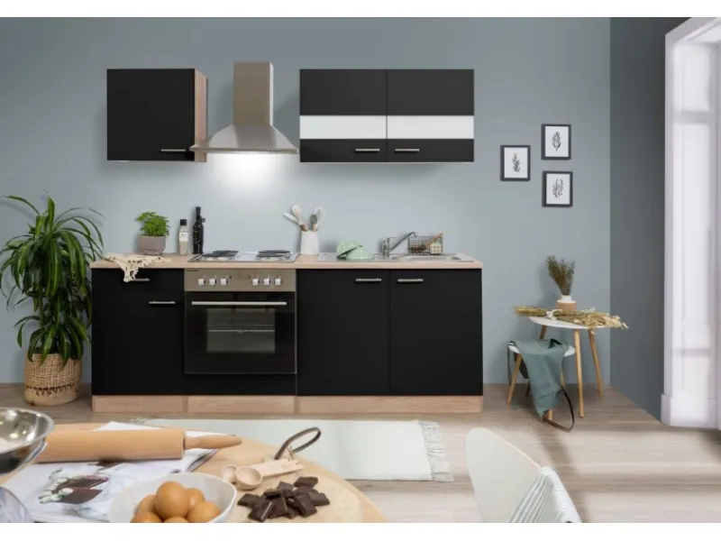 Hot Respekta Küchenzeile KB210ESS 210 cm -Eiche Sägerau Nachbildung Schwarz