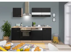 Best Respekta Küchenzeile KB220ESS 220 cm -Eiche Sägerau Nachbildung Schwarz