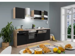 Best Respekta Küchenzeile KB220ESS 220 cm -Eiche Sägerau Nachbildung Schwarz