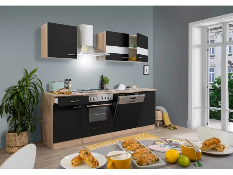 Best Respekta Küchenzeile KB220ESS 220 cm -Eiche Sägerau Nachbildung Schwarz
