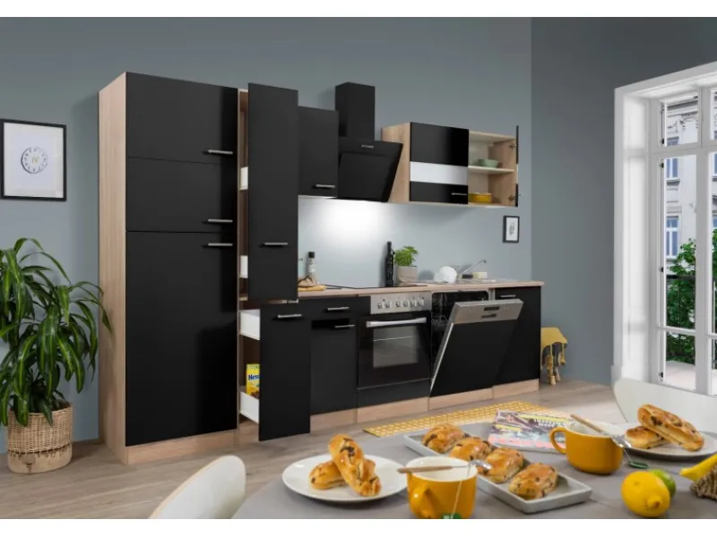 Best Respekta Küchenzeile KB310ESSCGKE 310 cm -Eiche Sägerau Nachbildung Schwarz