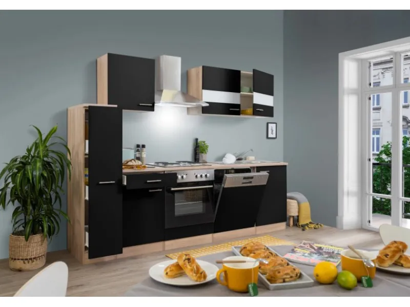 Outlet Respekta Küchenzeile KB250ESS 250 cm -Eiche Schwarz