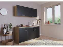 Respekta Küchenzeile KB150ESS 150 cm Schwarz-Eiche Sägerau< Miniküchen|Kochfelder