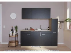 Respekta Single-Küchen|Kochfelder<Küchenzeile KB180ESS 180 cm Schwarz-Eiche Sonoma Sägerau Nachbildung