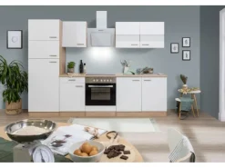 New Respekta Küchenzeile KB270ESWCGKE 270 cm -Eiche Sägerau Nachbildung Glänzend Weiß