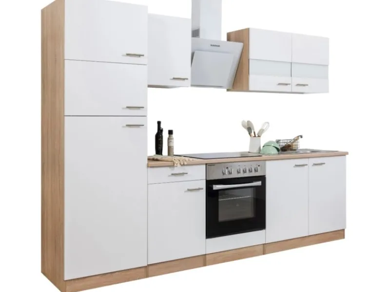 New Respekta Küchenzeile KB270ESWCGKE 270 cm -Eiche Sägerau Nachbildung Glänzend Weiß