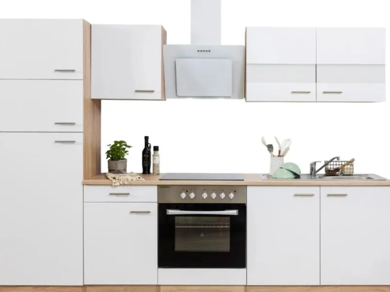 New Respekta Küchenzeile KB270ESWCGKE 270 cm -Eiche Sägerau Nachbildung Glänzend Weiß