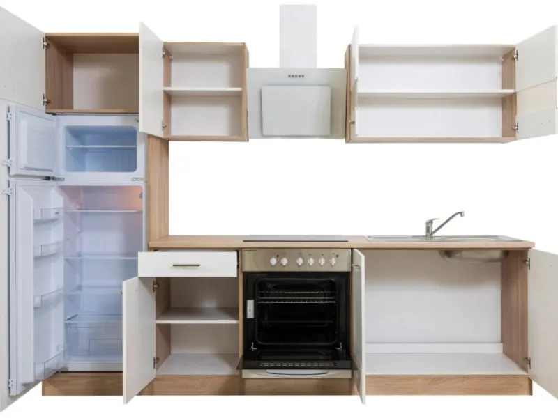 New Respekta Küchenzeile KB270ESWCGKE 270 cm -Eiche Sägerau Nachbildung Glänzend Weiß