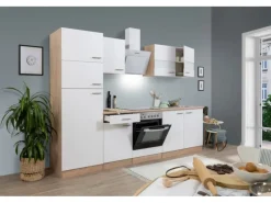 New Respekta Küchenzeile KB270ESWCGKE 270 cm -Eiche Sägerau Nachbildung Glänzend Weiß