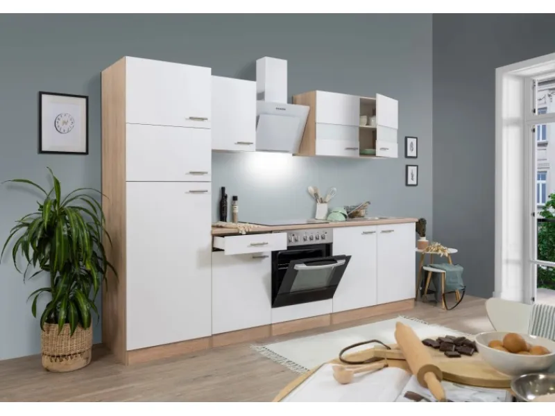 New Respekta Küchenzeile KB270ESWCGKE 270 cm -Eiche Sägerau Nachbildung Glänzend Weiß