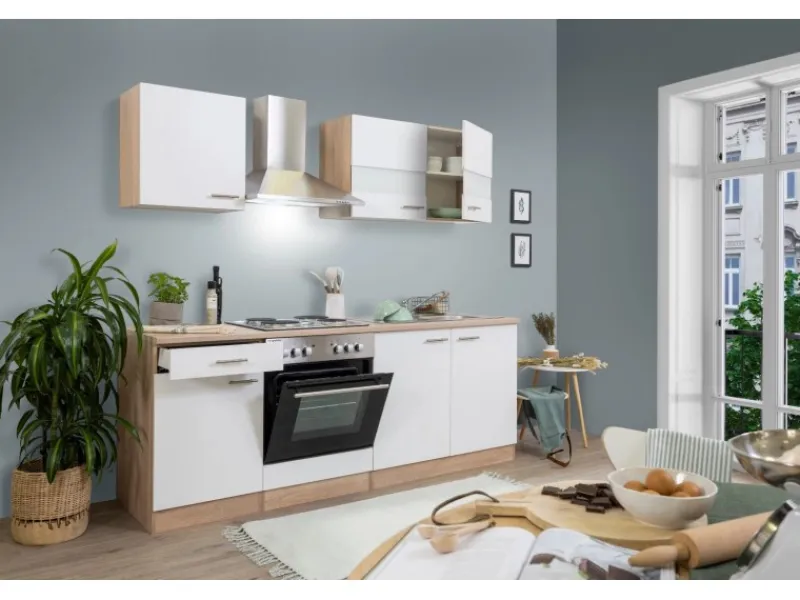 Discount Respekta Küchenzeile KB210ESW 210 cm -Eiche Sägerau Nachbildung Weiß