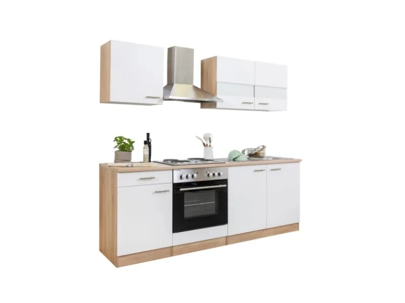 Discount Respekta Küchenzeile KB210ESW 210 cm -Eiche Sägerau Nachbildung Weiß