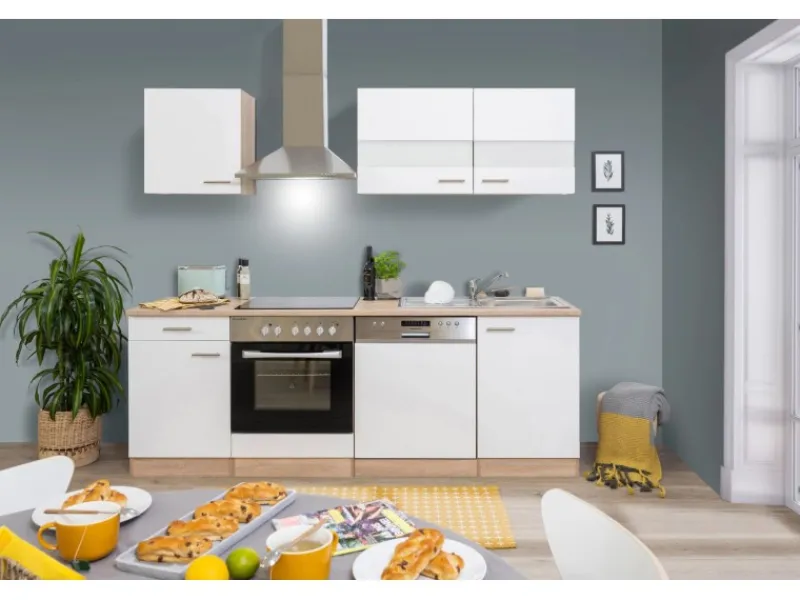Hot Respekta Küchenzeile KB220ESWC 220 cm -Eiche Sägerau Nachbildung Glänzend Weiß
