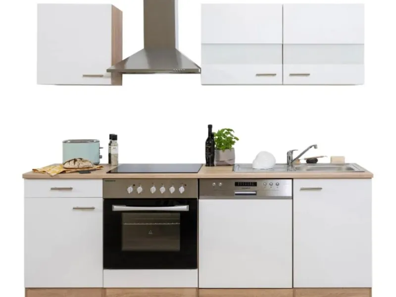 Hot Respekta Küchenzeile KB220ESWC 220 cm -Eiche Sägerau Nachbildung Glänzend Weiß