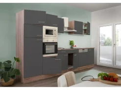 Respekta Winkelküchen|Einbauküchen<Küchenzeile KB340EYGMIGKE 340 cm Grau Seidengl.-Eiche York Nachbildung