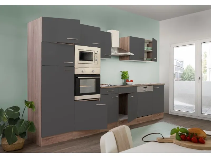 Respekta Winkelküchen|Einbauküchen<Küchenzeile KB340EYGMIGKE 340 cm Grau Seidengl.-Eiche York Nachbildung