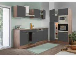 Respekta Winkelküchen|Einbauküchen<Küchenzeile KB340EYGMIGKE 340 cm Grau Seidengl.-Eiche York Nachbildung