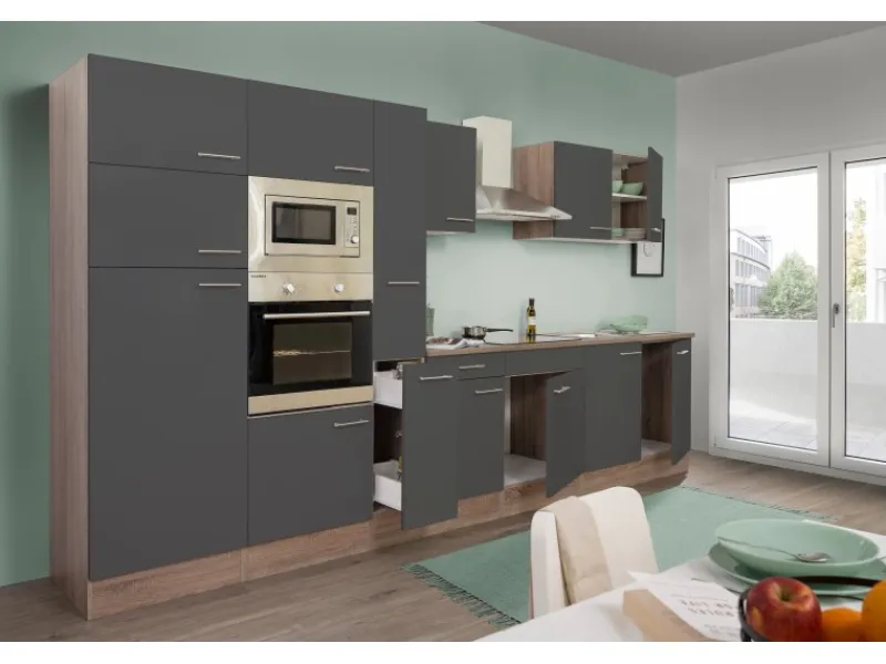 Respekta Küchenzeile KB360EYGMIGKE 360 cm Grau Seidengl.-Eiche York Nachbildung< Einbauküchen|Kühlschränke