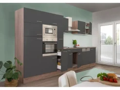 Respekta Küchenzeile KB370EYGMIGKE 370 cm Grau Seidengl.-Eiche York Nachbildung Grau Seidenglanz
