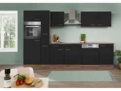 New Respekta Küchenzeile KB310EYS 310 cm Schwarz Seidengl.-Eiche York Nachbildung