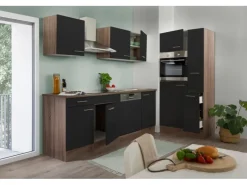 New Respekta Küchenzeile KB310EYS 310 cm Schwarz Seidengl.-Eiche York Nachbildung