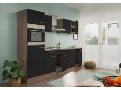 Outlet Respekta Küchenzeile KB270EYS 270 cm Schwarz Seidengl.-Eiche York Nachbildung