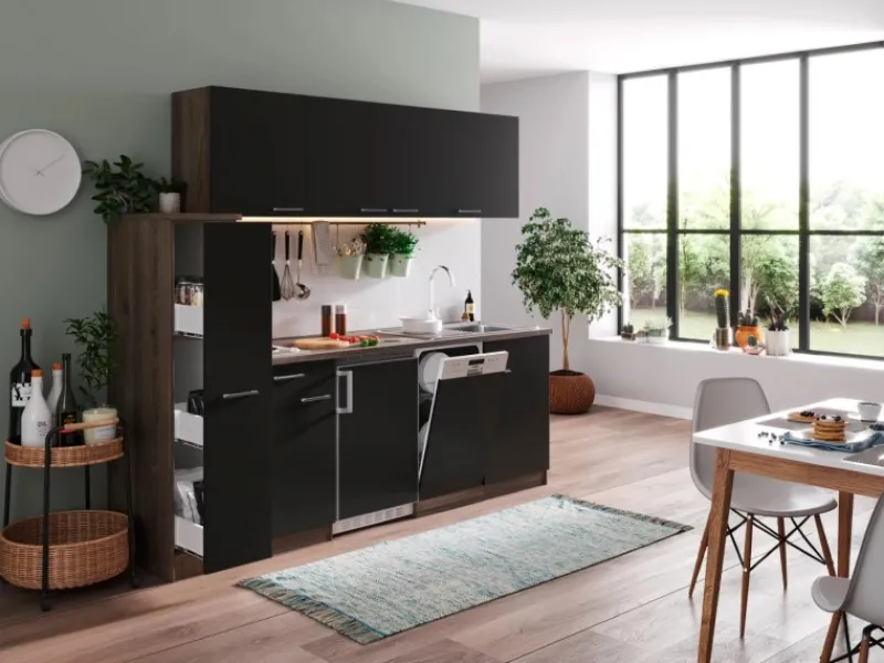Clearance Respekta Küchenzeile KB225EYS 225 cm -Eiche York Nachbildung Schwarz