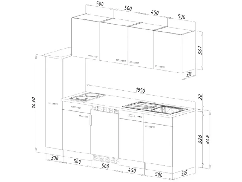 Clearance Respekta Küchenzeile KB225EYS 225 cm -Eiche York Nachbildung Schwarz
