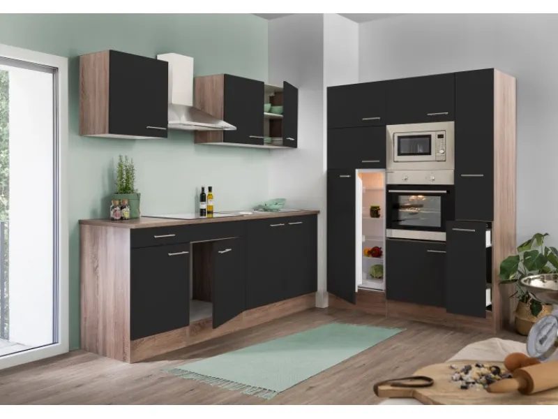 Respekta Küchenzeile KB360EYSMIGKE 360 cm Schwarz-Eiche York Nachbildung< Kochfelder|Kühlschränke