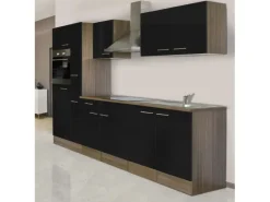 Respekta Küchenzeile KB300EYS 300 cm Schwarz Seidengl.-Eiche York Nachbildung< Kühlschränke|Einbauküchen