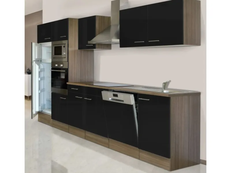 Respekta Einbauküchen<Küchenzeile KB340EYSMIGKE 340 cm Schwarz-Eiche York Nachbildung