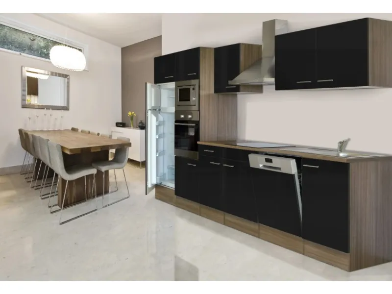 Respekta Einbauküchen<Küchenzeile KB340EYSMIGKE 340 cm Schwarz-Eiche York Nachbildung