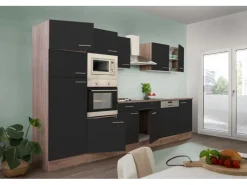 Respekta Einbauküchen<Küchenzeile KB340EYSMIGKE 340 cm Schwarz-Eiche York Nachbildung