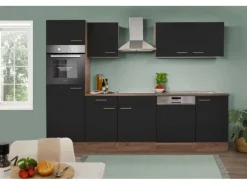 Respekta Kühlschränke|Kochfelder<Küchenzeile KB280EYS 280 cm Schwarz Seidenglanz-Eiche York Nachbildung