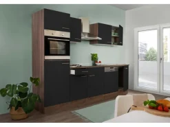 Respekta Kühlschränke|Kochfelder<Küchenzeile KB280EYS 280 cm Schwarz Seidenglanz-Eiche York Nachbildung