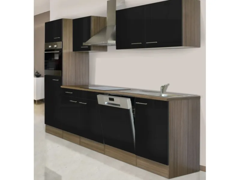 Respekta Kühlschränke|Kochfelder<Küchenzeile KB280EYS 280 cm Schwarz Seidenglanz-Eiche York Nachbildung