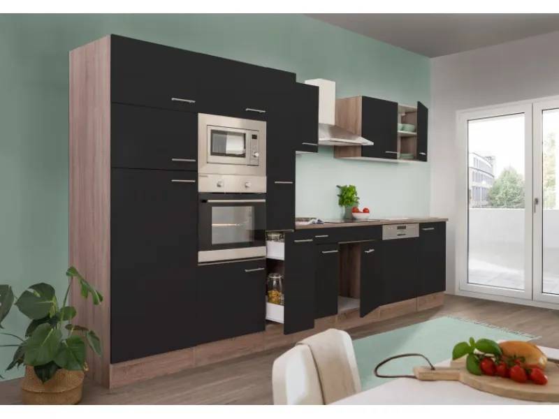 Respekta Küchenzeile KB370EYSMIGKE 370 cm Schwarz Eiche-York Nachbildung< Einbauküchen|Winkelküchen