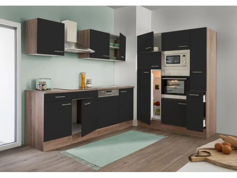 Respekta Küchenzeile KB370EYSMIGKE 370 cm Schwarz Eiche-York Nachbildung< Einbauküchen|Winkelküchen